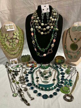 Large Green Statement Jewelry Lot Necklaces Earrings Bracelets Vintage Style